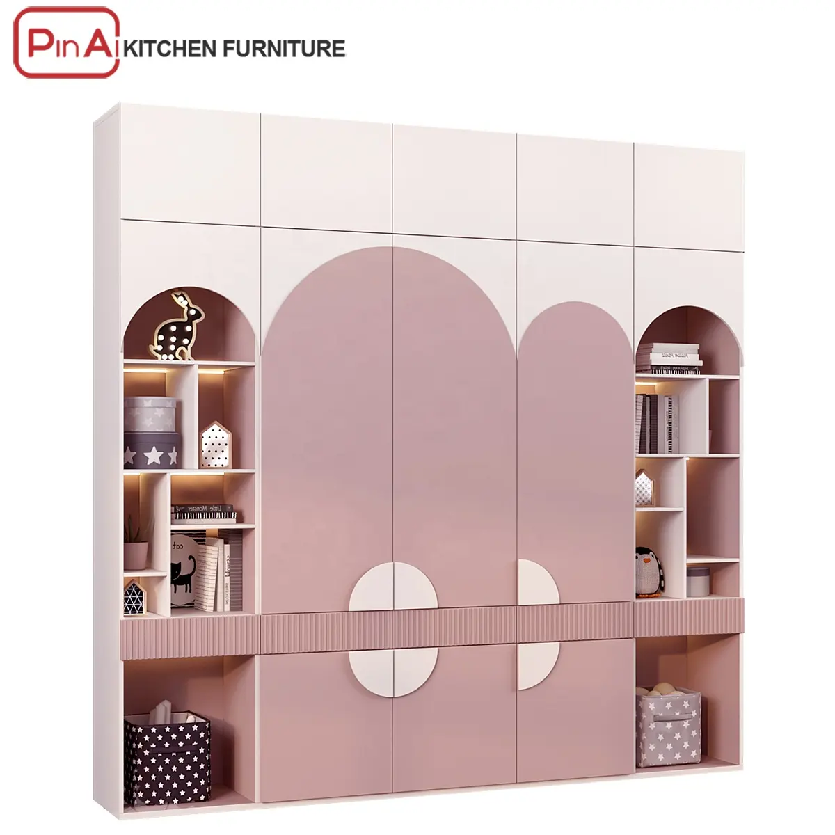 PINAI-armario pequeño de madera rosa para habitación de niños, 4 puertas, para dormitorio