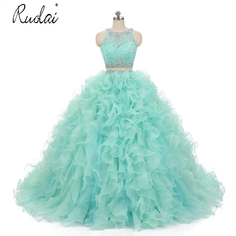 Ruolai PEV-L3073 Real Design 3 Peças Verde Plissado Destacável Saia de Renda Vestido De Baile de Cristal vestido de Baile Vestidos Quinceanera