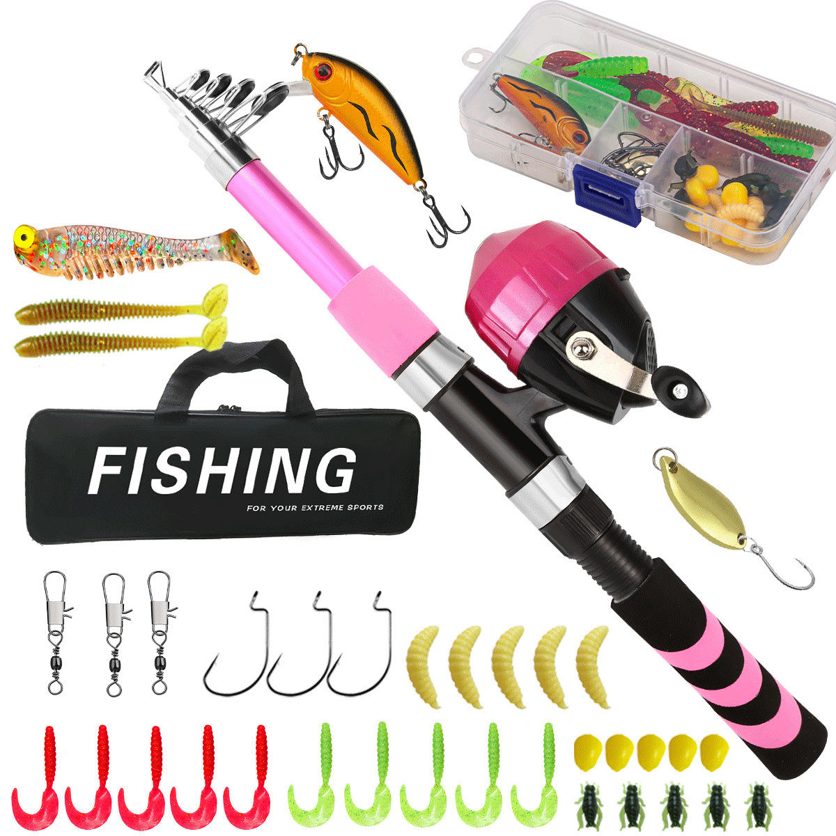 Canne à pêche rose - moulinet sans fil - boîte à appâts - sac de pêche