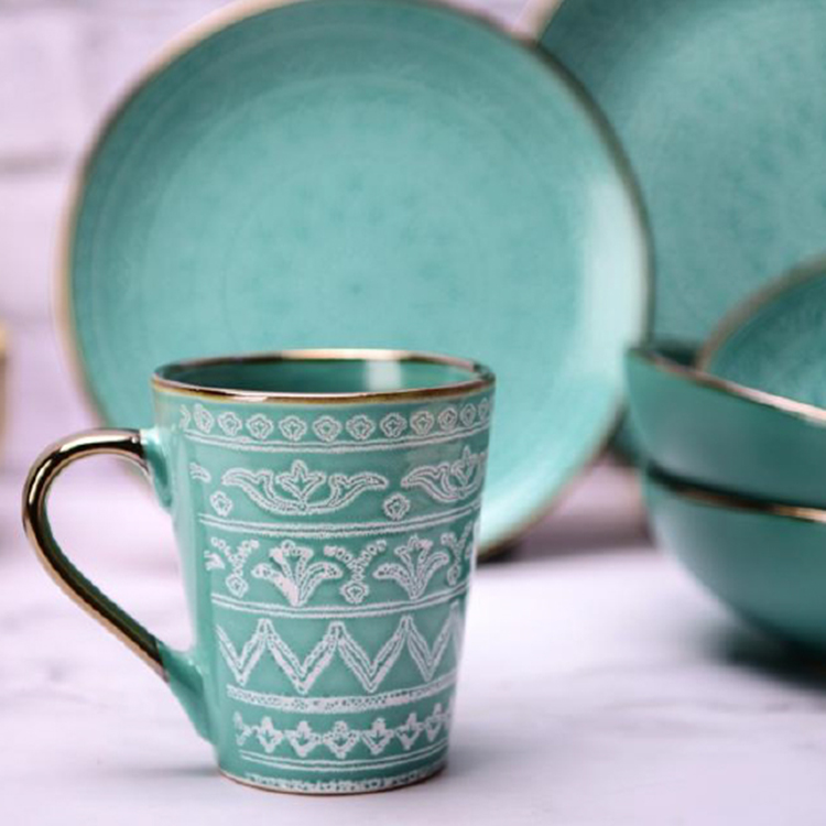 Hot sale Blue Green Brown PAD Printing Stoneware 18PCS Dinnerware Set luxury ceramic dinner set dinnerware for home