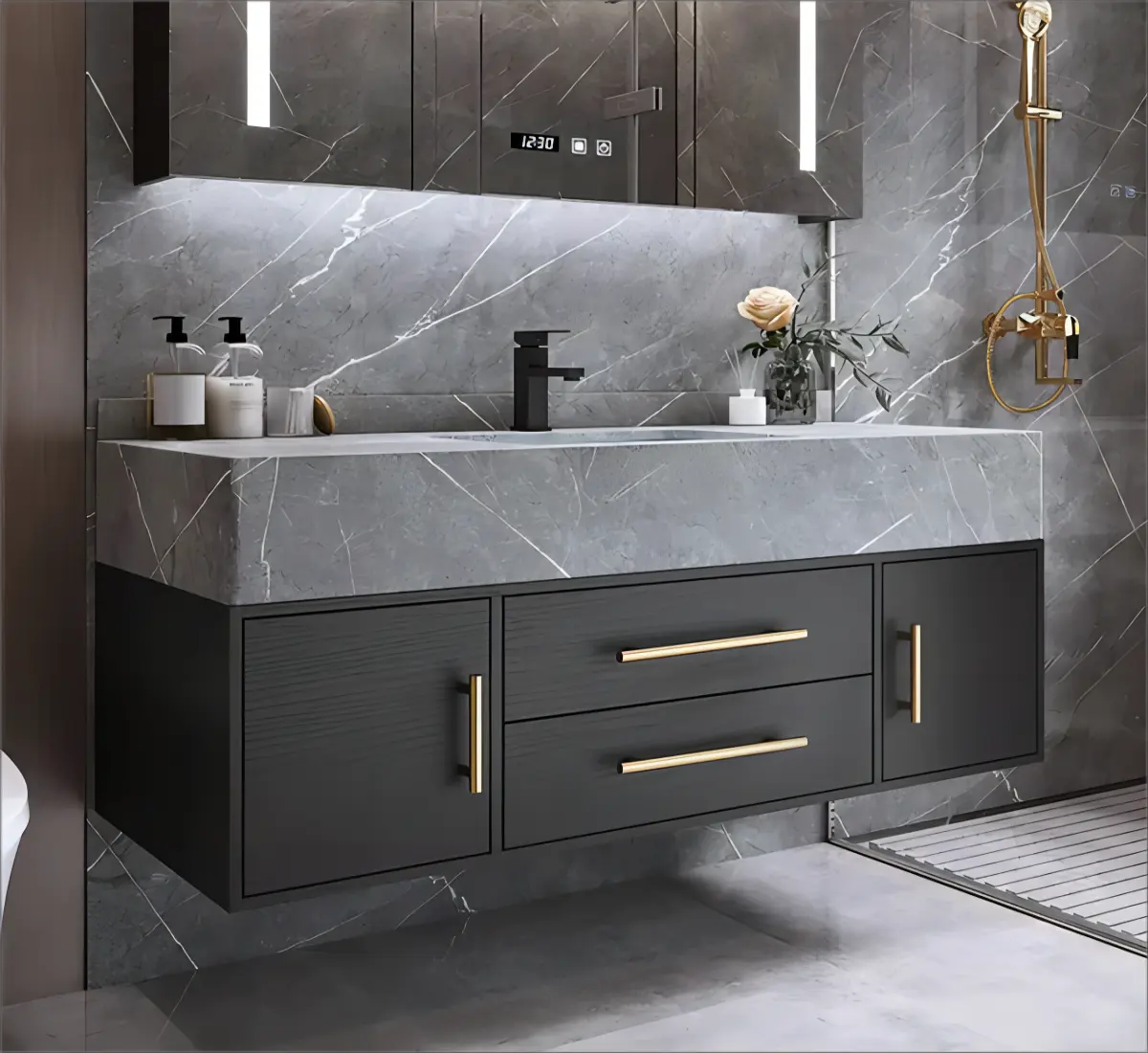 Kejia Luxury Drawer Modern bagno Storage Cabinet compensato e marmo Top pannello in legno mobile da bagno con specchio