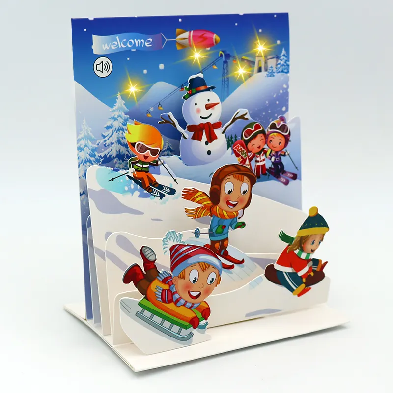 3d pop de Navidad saludar puede personalizar el sonido/música tarjetas de felicitación glitter imprimir su propio logotipo