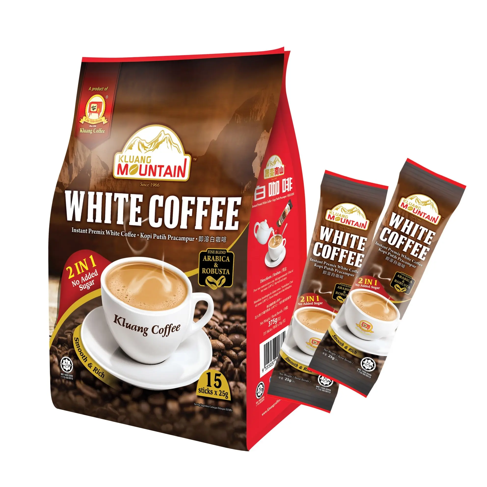 Kluang Mountain caffè bianco istantaneo 2 in 1 (senza zucchero aggiunto) malesia imbottita (15 bastoncini x 25g) marca Televisyen peso netto 375g