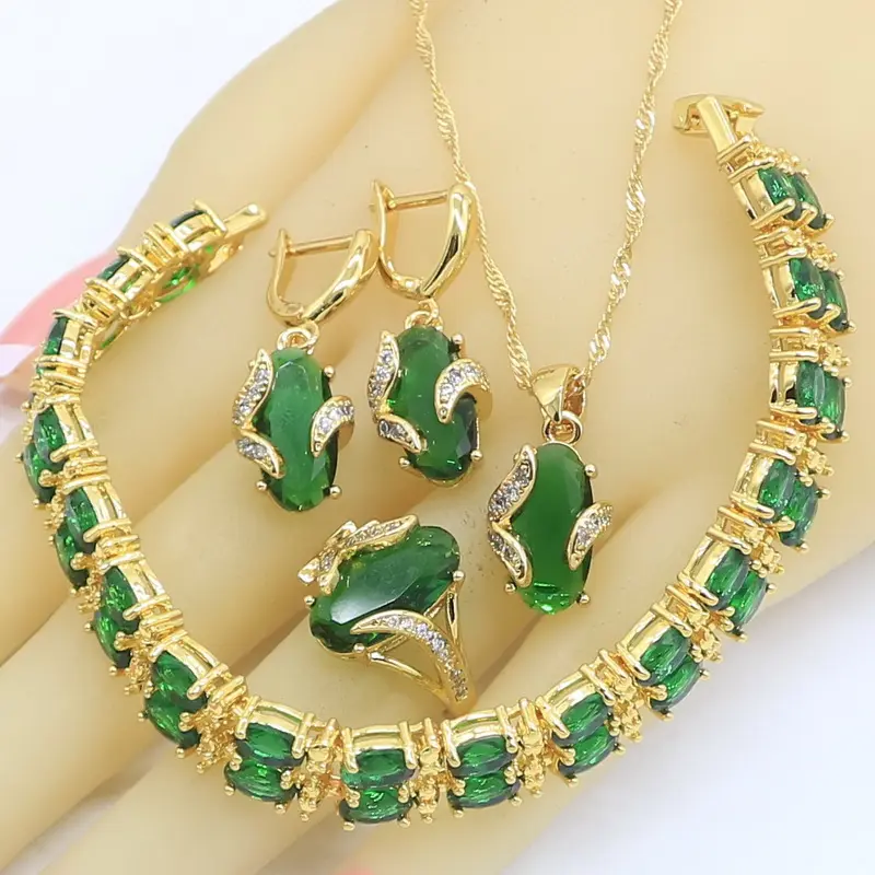 Conjunto de joias, conjuntos de joias clássicos de ouro para mulheres, verde, semi-precioso, pulseira, colar, brincos com pingente, presente de aniversário