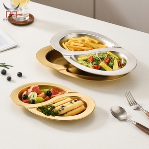 金不锈钢双格开餐盘可叠放平底分开餐盘独立拼盘 - Product Image 5
