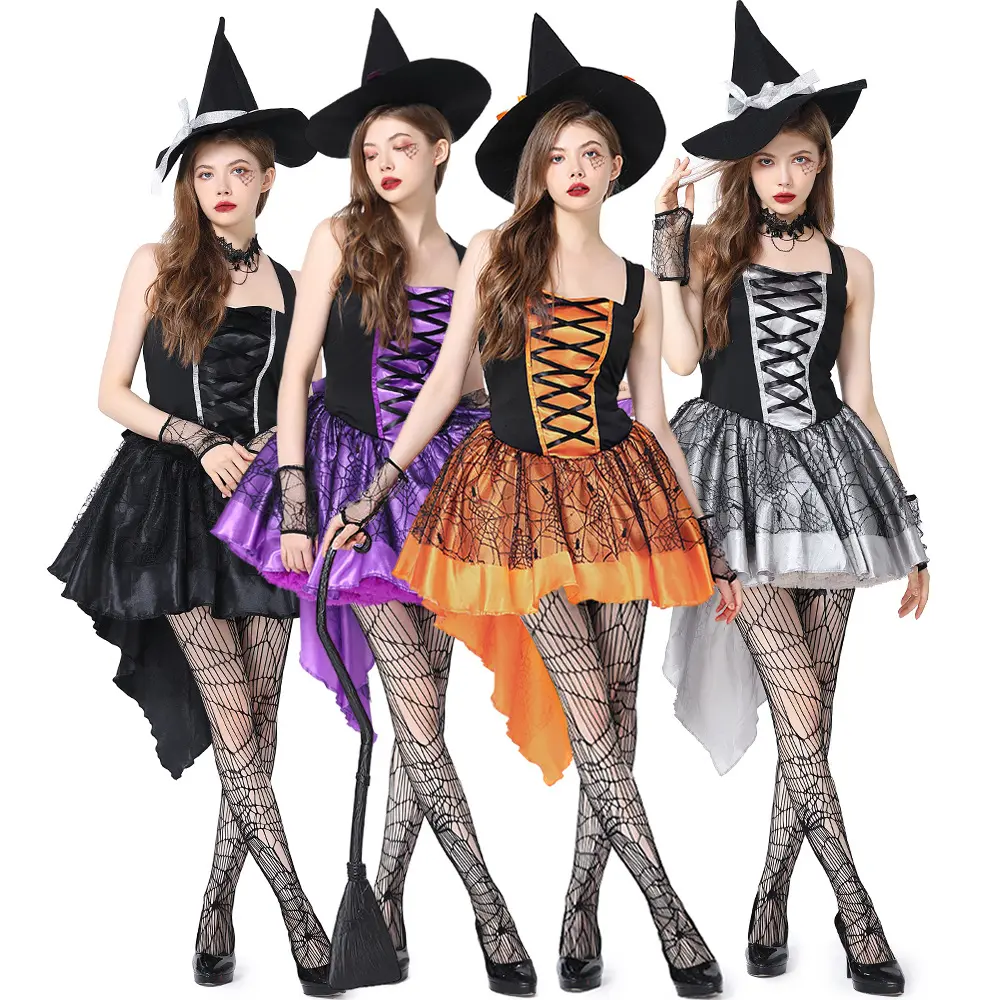 Halloween Witch Vampire Costumes for Women Adult spaventoso Purple Carnival Party Performance Drama Masquerade abbigliamento con cappello