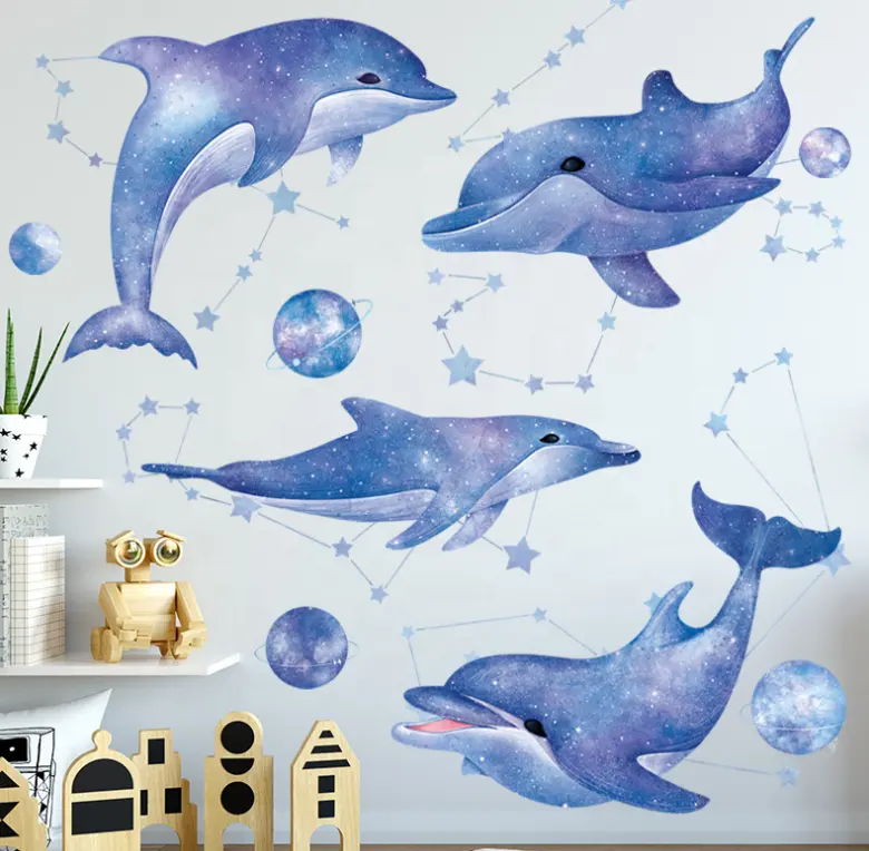 Autocollants muraux effet dauphin peints à la main en vinyle, pièces, adhésif pour décoration de chambre d'enfant, peut être amovible