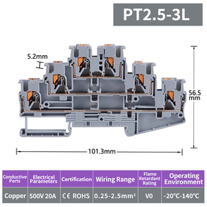 PT2.5-3L 26-12AWG 500V 20A Double-Layer Quick Wiring Wire Connector Combined <strong>Push</strong> in <strong>Spring</strong> Screwless Din Rail <strong>Terminal</strong> <strong>Block</strong> - Product Image 2
