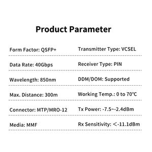 QSFP+ <strong>40GBASE</strong> eSR 850nm 300m DOM MPO-12/UPC MMF Optical Transceiver Support Cisco QSFP 40G <strong>SR4</strong> Compatible JUNIPER INTEL - Product Image 6