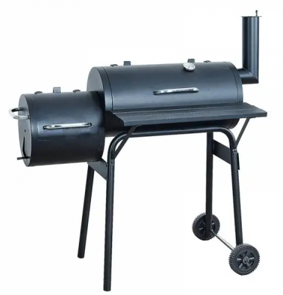 Heavy Duty Offset Churrasco Grelhador Fumante Carrinho De Madeira De Carvão BBQ Trole De Tambor De Aço Inoxidável Comercial Design Simples Morden