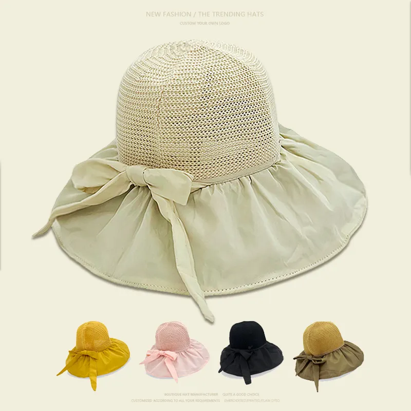 Women New Anti UV Sun Beach Hats Straw Cross Black Rubber Large Wide Brim Visor Bowknot Foldable Summer Sunshade Bucket Hats