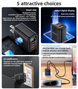 Yesido USB-A & USB-CデュアルポートPD 20W急速充電米国デジタルディスプレイ充電器YC12U - Product Image 3
