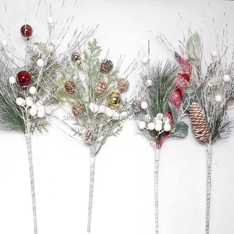 Adornos de flores artificiales de acebo nevado, Berry, conos de pino, ramas para decoración de árbol de Navidad, venta al por mayor