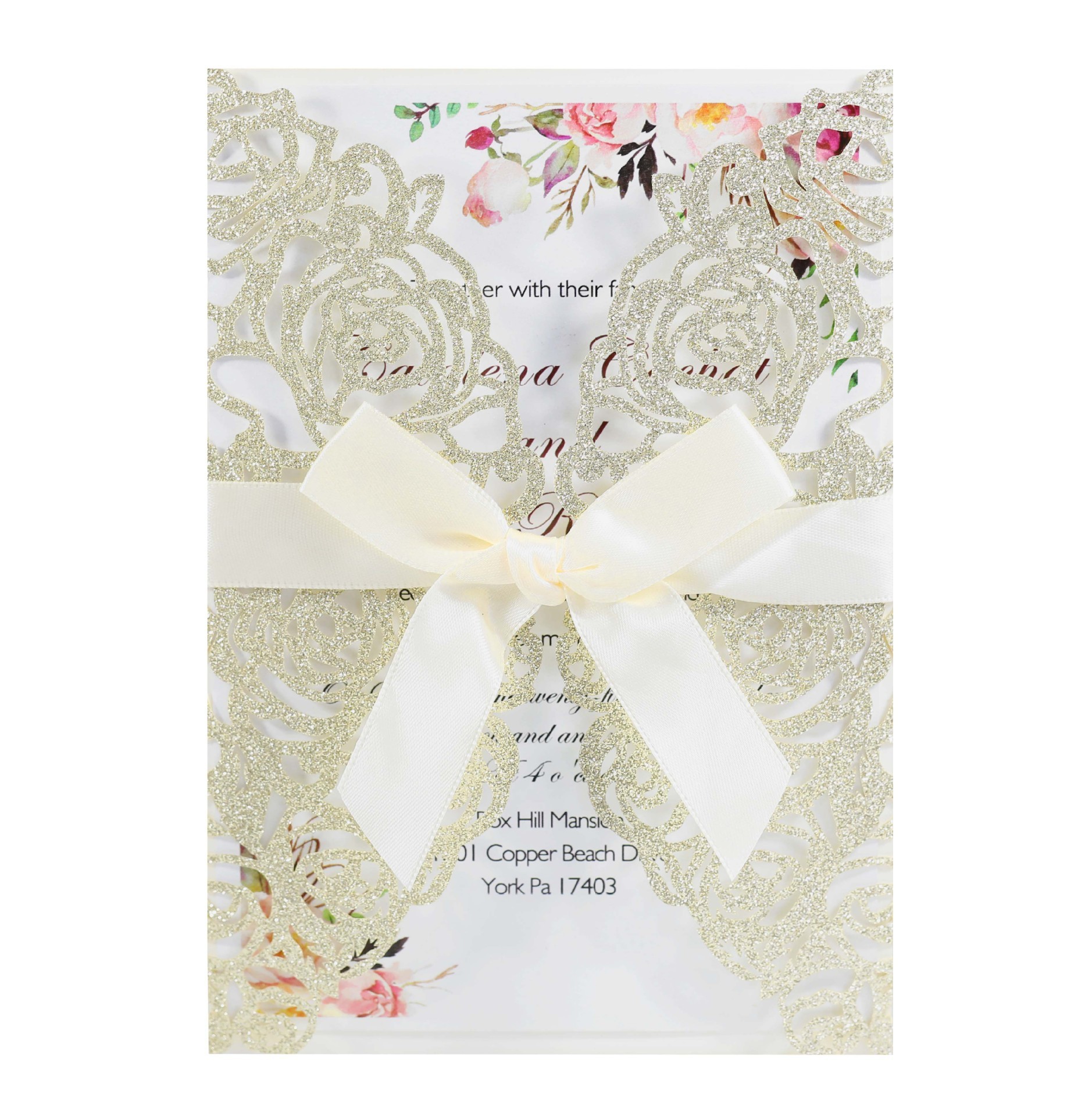 Glitter light gold cover+insert+bow+envelope