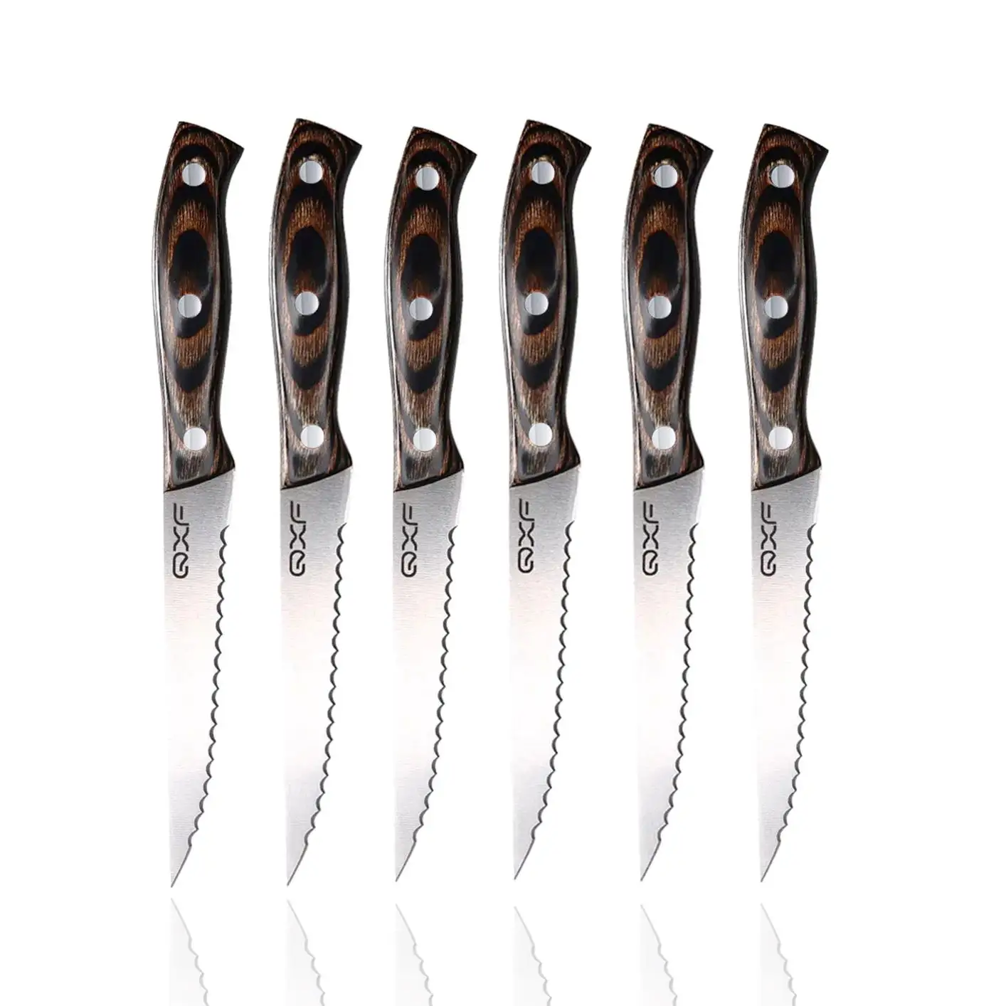 QXF Conjunto de facas para bife serrilhadas de aço inoxidável alemão de alto carbono com cabo de madeira Pakka novo design Tang completo de 5 polegadas