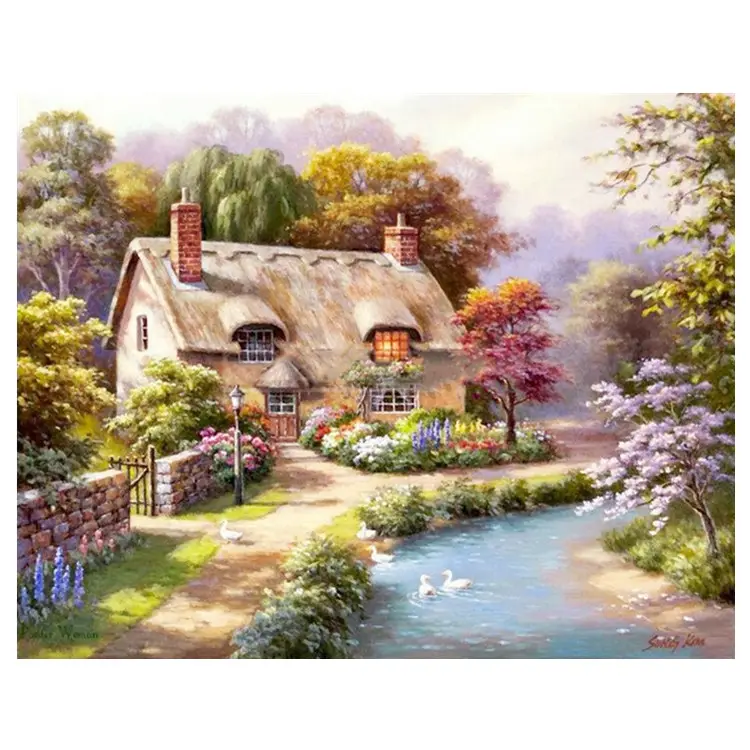 थोक परिदृश्य चित्रकला लकड़ी के घर नदी कैनवास DIY 5D हीरा पेंटिंग