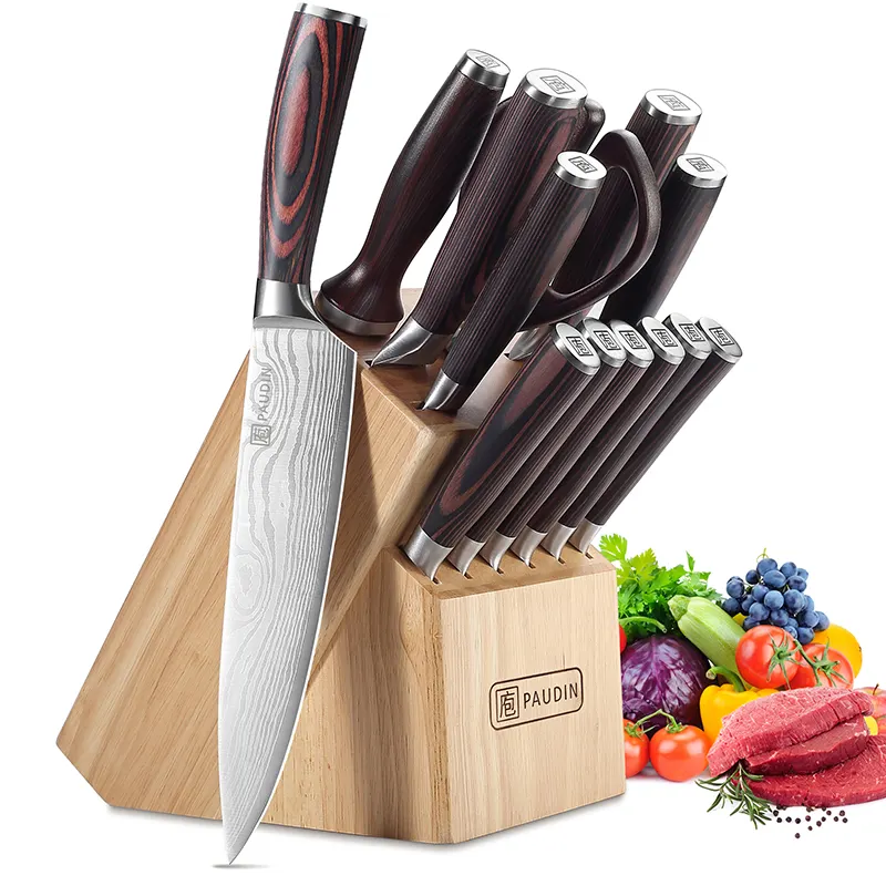 Coltelli e accessori da cucina professionali squisiti Set di coltelli da cucina per Chef 14PC con blocco in legno e asta per affilare