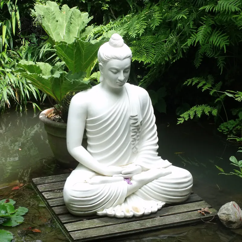 Patung taman Buddha marmer duduk batu putih murni, ukuran kehidupan Modern luar ruangan besar