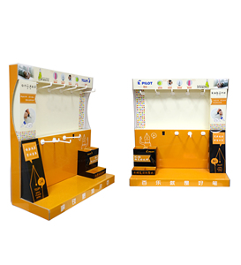 PDQ-Mostrador de cartón corrugado personalizado, ganchos de exhibición de mesa superior para bolígrafos, exhibición de papelería en tiendas al por menor