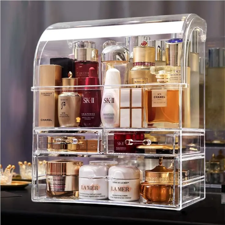 Organizador de maquillaje acrílico transparente, caja de almacenamiento de cosméticos para el cuidado de la piel, organizador redondo de plástico en capas, rectangular