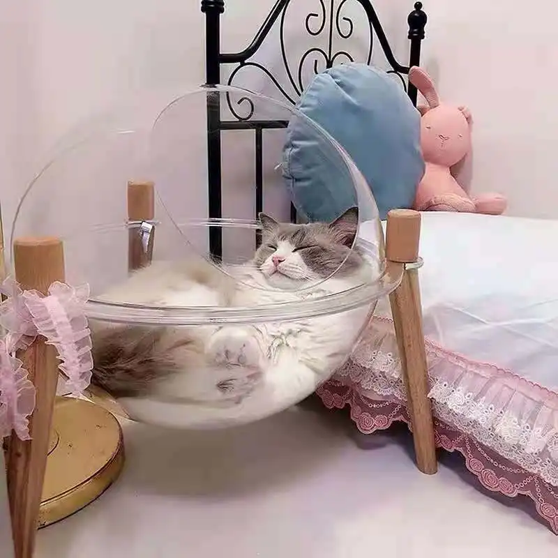 Новая роскошная кровать для кошек, деревянная прозрачная акриловая кровать для домашних животных с мягким ковриком