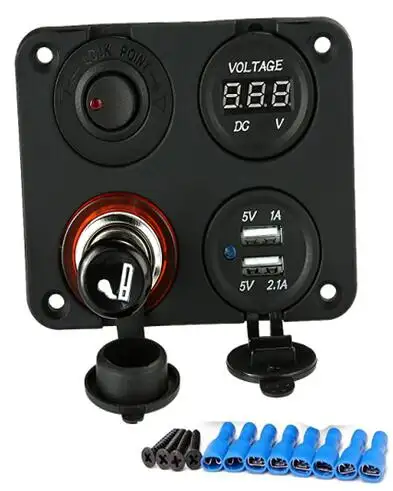 HS12-Panel de cuatro agujeros montado en cc 12V, Cargador USB, enchufe de alimentación, voltímetro y encendedor de cigarrillos para coche