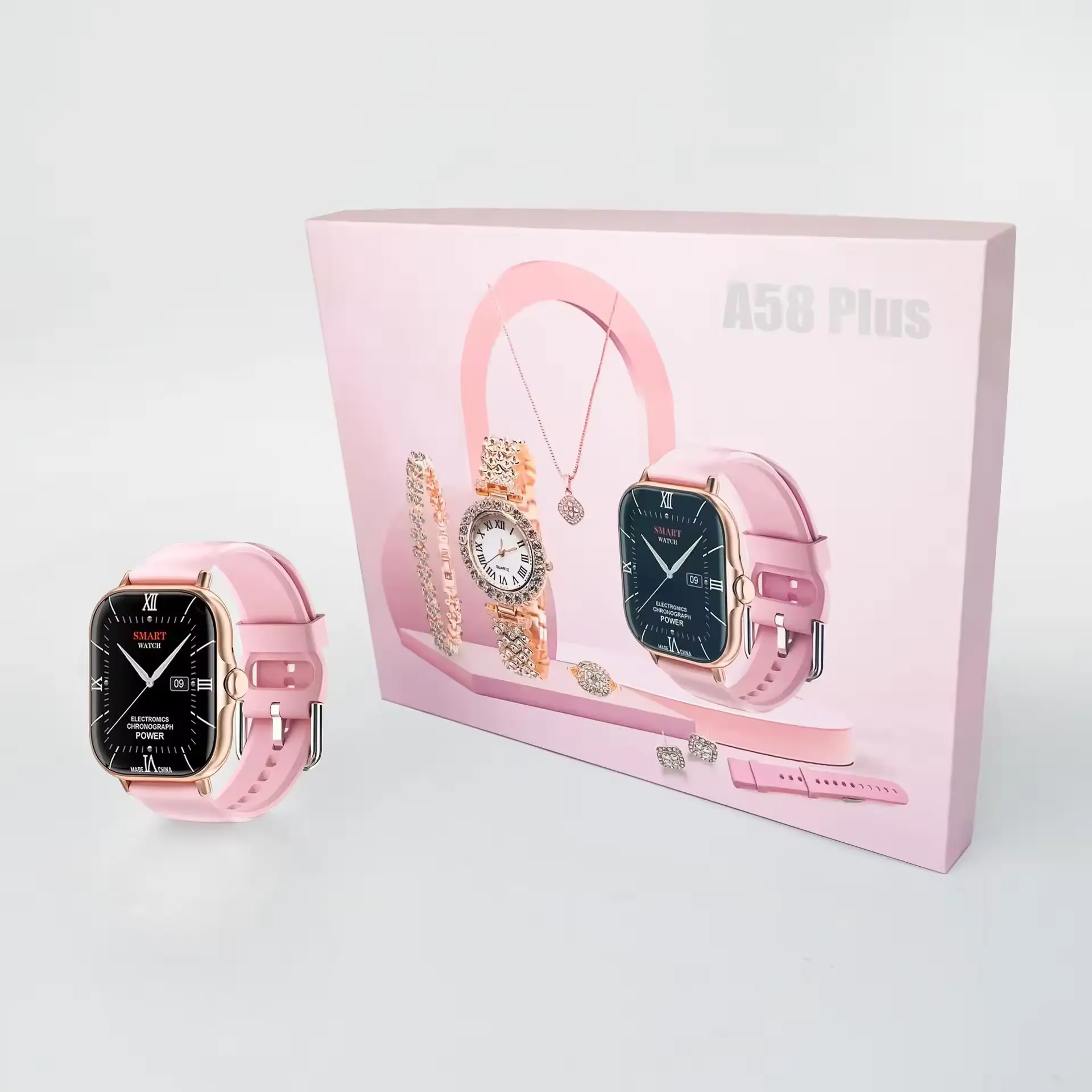 2024 conjunto de relógio inteligente para mulheres A58 PLUS 8 em 1 2 pulseira anel brinco fitpro tela sensível ao toque rastreador fitness relógio inteligente feminino