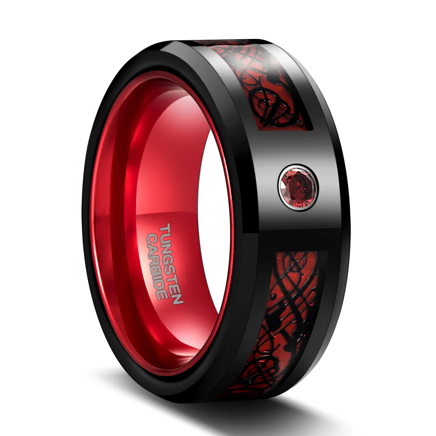 Somen 8Mm Black Tungsten Carbide Ring Mannen Keltische Draak Inlay Red Heren Trouwring Womens Wolfraam Ringen sieraden