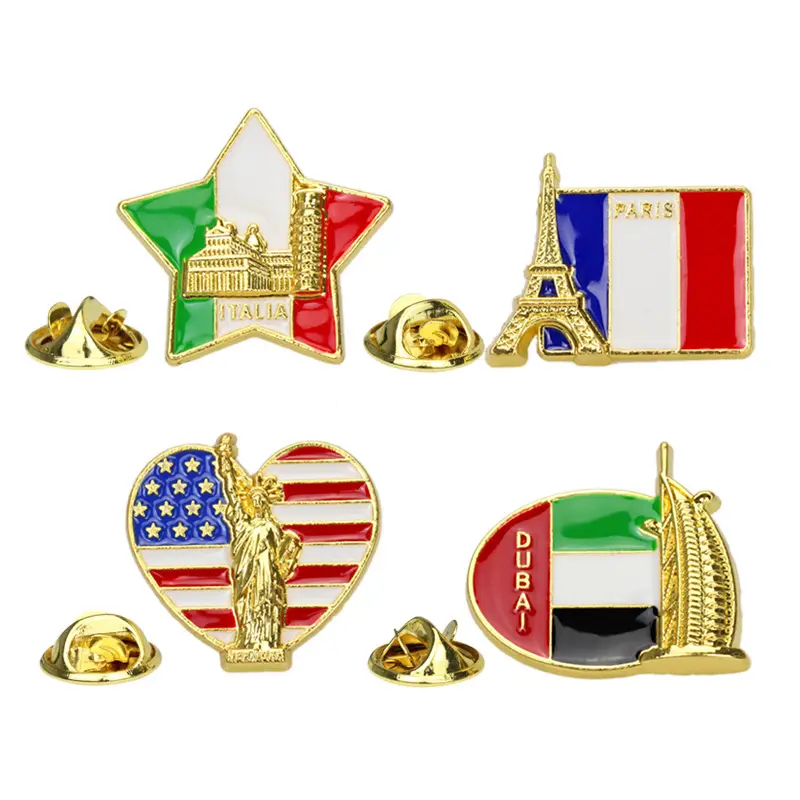 Эмалированные значки на лацкан с флагом страны, значки с изображением Эйфелевой башни, парусной лодки, отеля, статуи Свободы, римской арены, шпильки для рюкзака, оптовая продажа