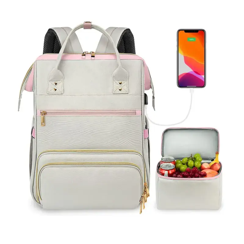 女性用ランチバックパック、USBポート付き15.6インチラップトップバックパックスタイリッシュなスクールバックパック教師用ナースワークバッグ、断熱付き