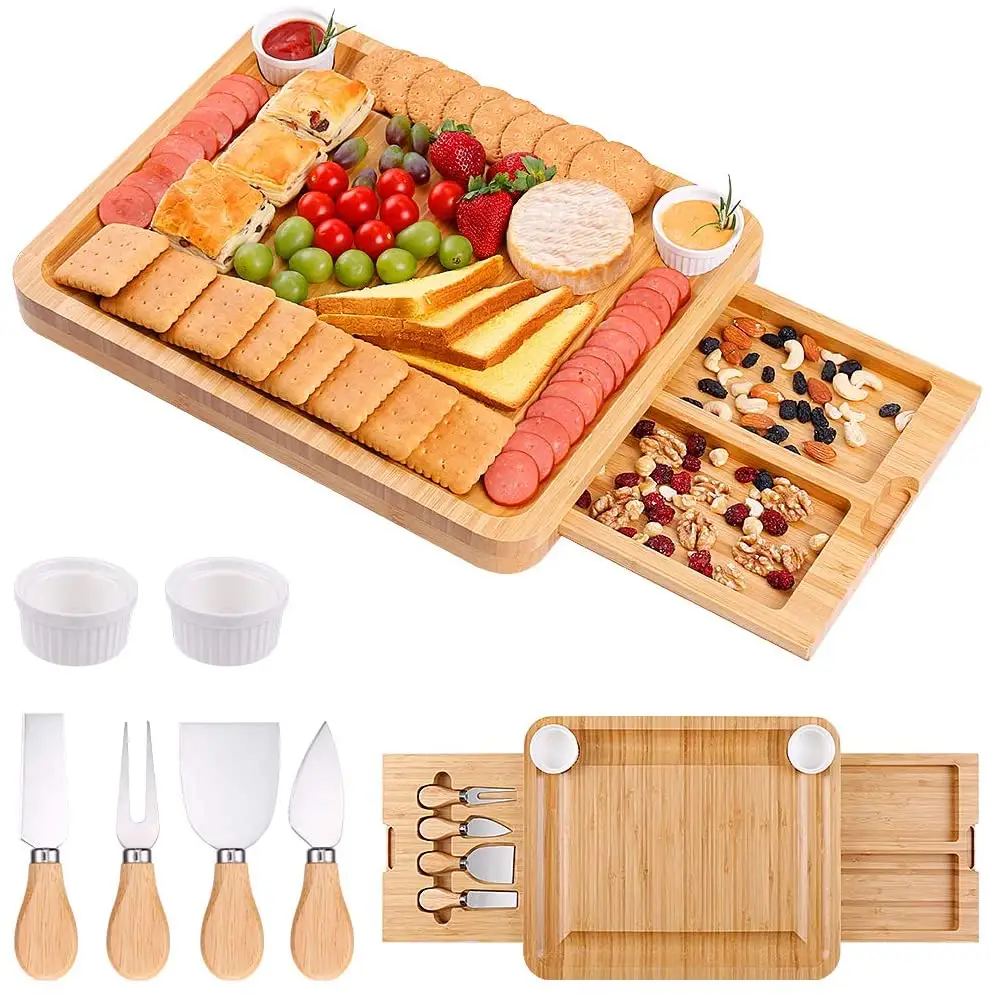 Tabla de cortar de bambú para queso, juego de tablas de madera de Acacia, bandeja de madera oculta, cajón de cubiertos