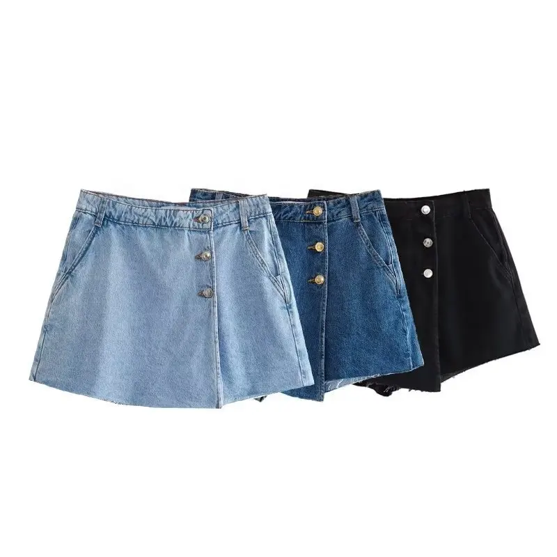 Europe and the United States double-breasted decorative row of buttons design sense of high-waisted versatile denim skirt pants