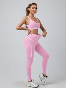 Grosir Logo depan merek sama mode Yoga Pilates Peregangan mulus bergaris legging kualitas tinggi 2 potong set untuk wanita - Product Image 6