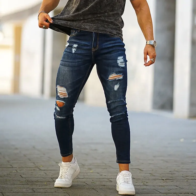 Gingtto-Vaqueros desgastados para hombre, Jeans rasgados, superajustados, a la moda, en tallas grandes, azul