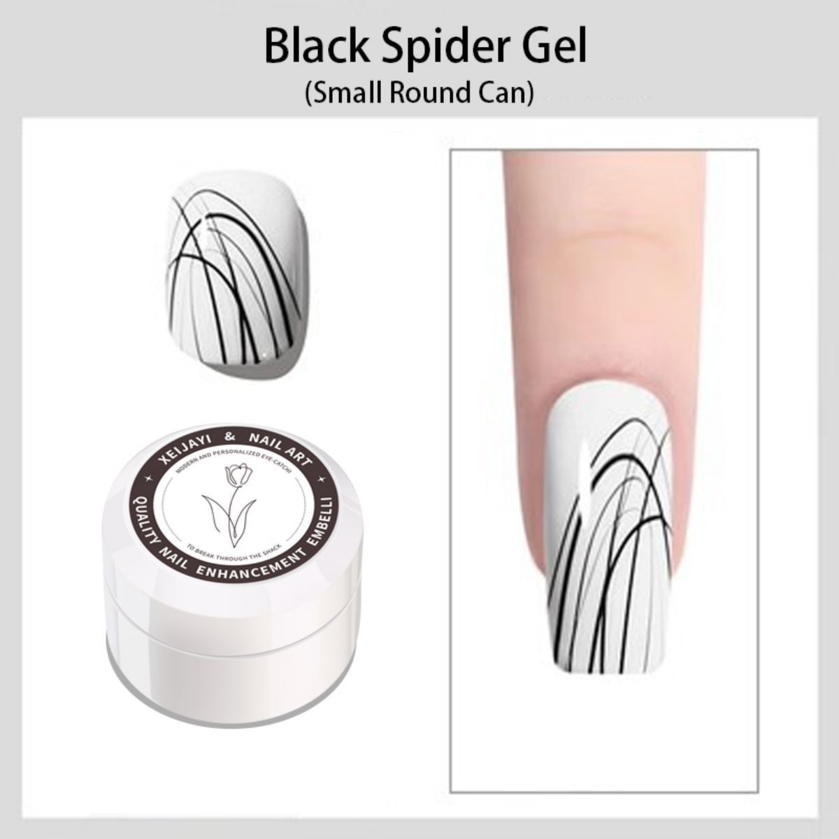 Lata pequeña blanca con adhesivo negro cepillado.