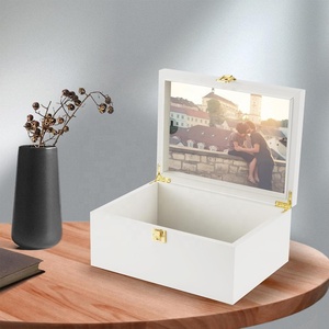 Hộp lưu niệm bằng gỗ lớn màu trắng có nắp có bản lề và khung ảnh bên trong hộp lưu trữ gỗ trang trí - Product Image 6