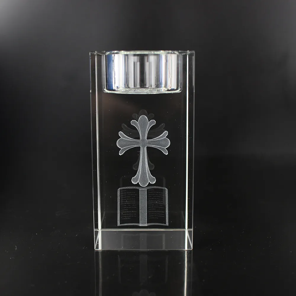 Venta al por mayor de bloque de cristal Jesús Cruz portavelas para regalo religioso