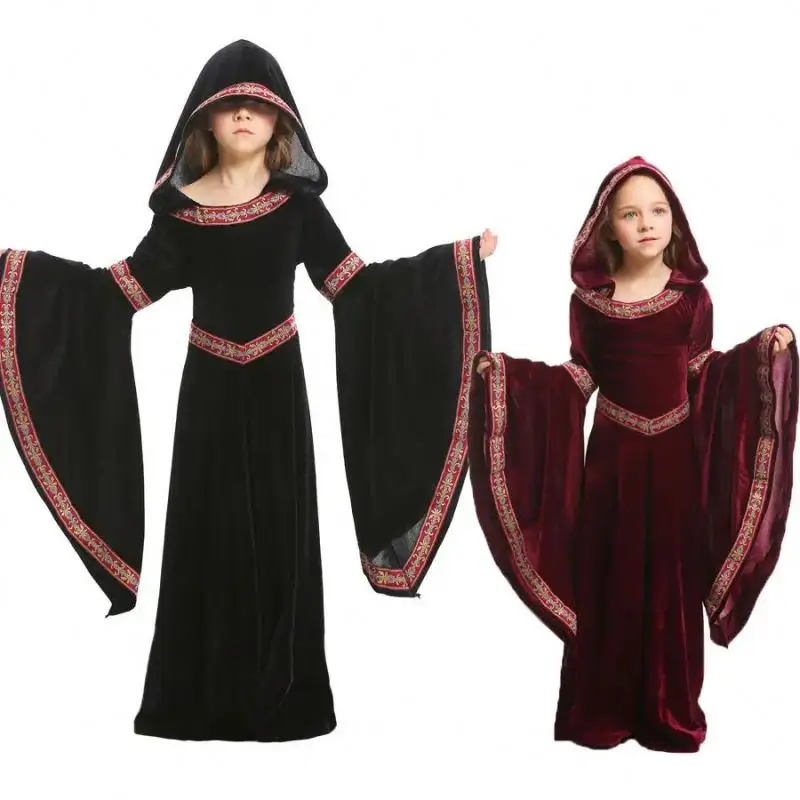 Bambini bambini adolescenti ragazze medievale maga pagana Costume da strega gotico velluto con cappuccio costumi di carnevale di Halloween