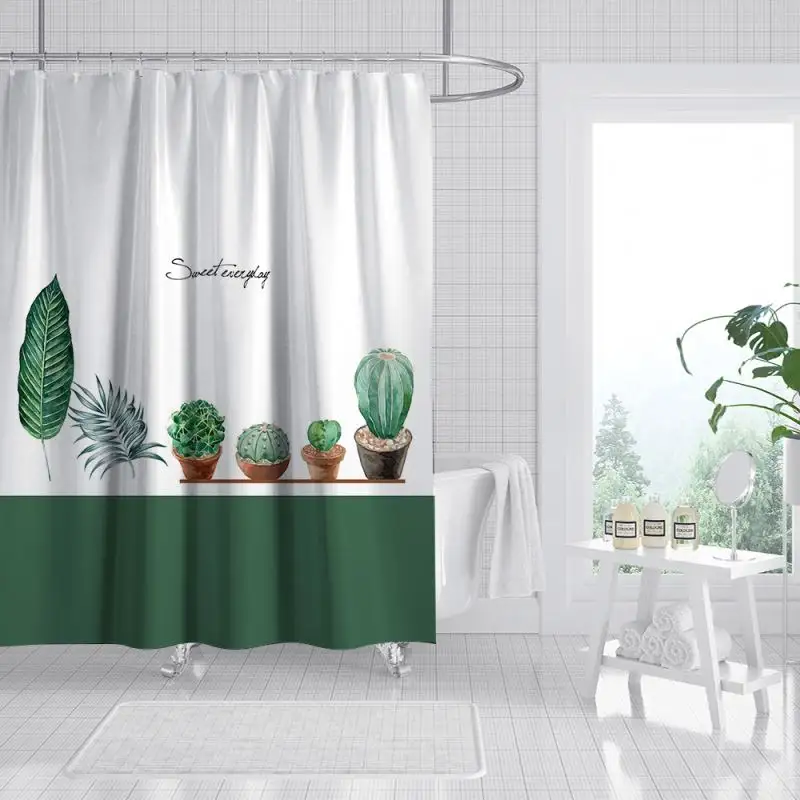 シャワーカーテンセット北欧緑の葉デザイナー12フックティール植物自然葉