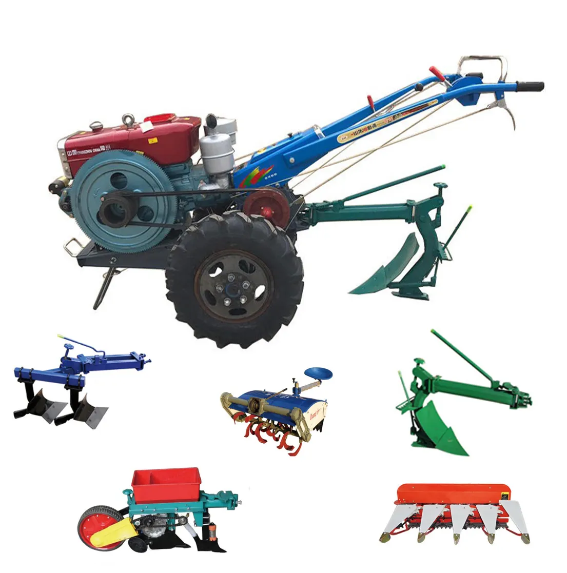 Farm Multifunctionele Met Ploeg Rotavator Maïs Tarwe Planter Hand Walking Tractoren Twee Wielen