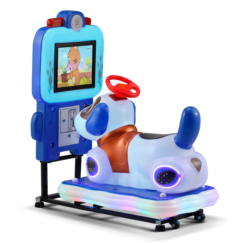 Cachorro interactivo con pantalla azul.