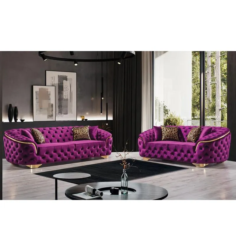 Grosir set Sofa furnitur ruang tamu mewah Modern Sofa lapangan berlapis kain beludru ungu