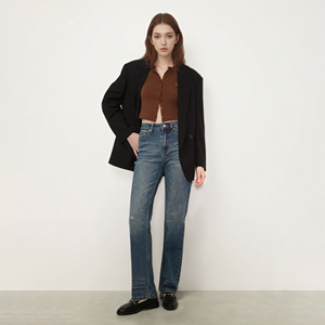 Quần jeans nữ ống loe cạp trung cao kiểu retro, ôm dáng, chất liệu denim, màu vintage, xước nhẹ, phong cách Y2K - Product Image 3