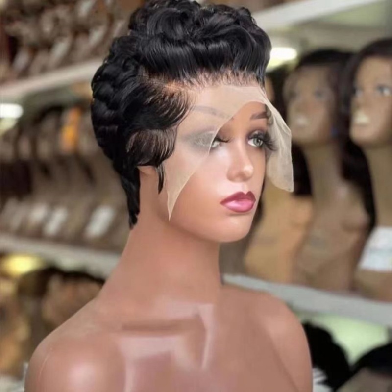 Naturel noir 13X4 bouclés Pixie coupe perruque
