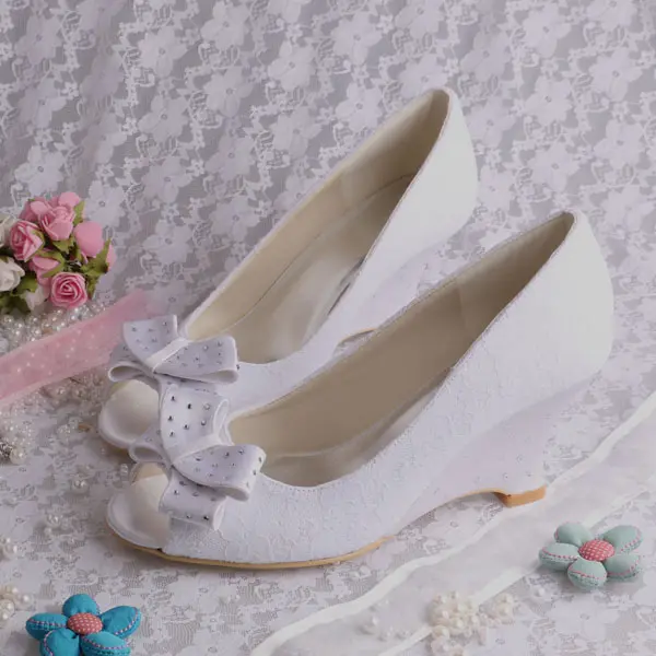 Peep toe encantos de encaje blanco con tacón de cuña, zapatos de boda, zapatos