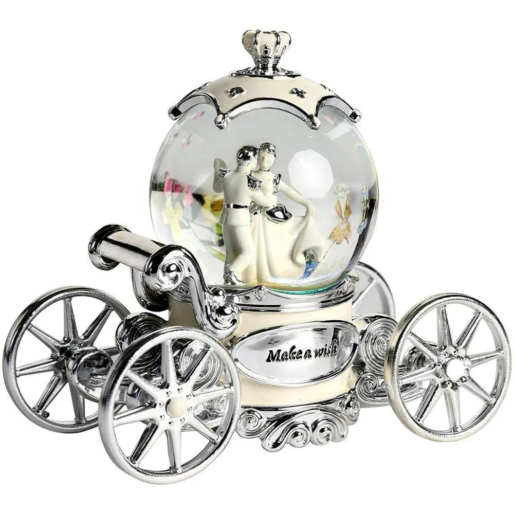 Romantik inci beyaz fildişi ve gümüş peri masalı dansçı snowglobe arabası müzik kutusu
