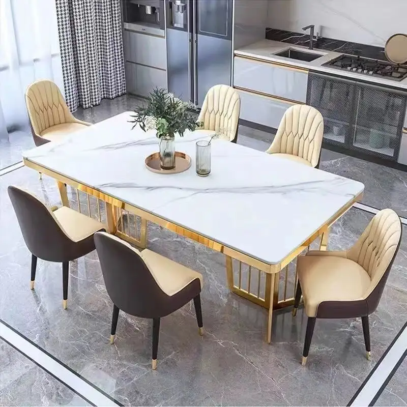 Mesa de comedor blanca de alta calidad, mesa de comedor rectangular con diseño de pata de Base dorada, mesa de comedor de mármol macizo