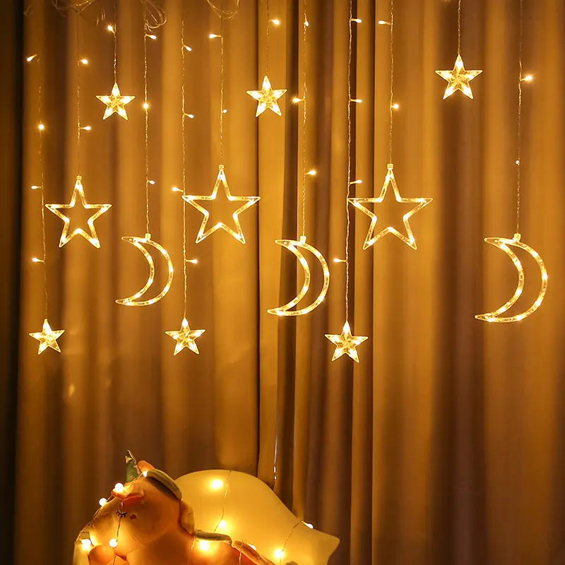 Selamat Natal Tirai Cahaya Berkelip Bintang Bulan Air Terjun Pernikahan LED Jendela Ramadan String Cahaya