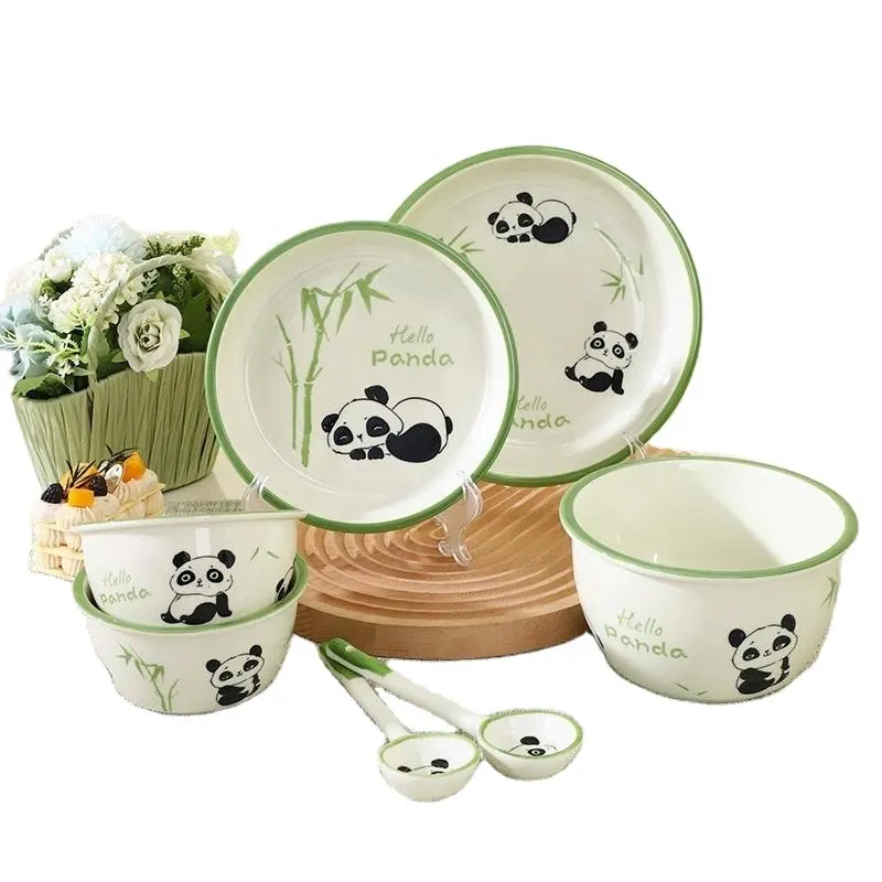 2023 New Household Ceramic Tableware Bowls Dishes Matcha Color Panda Pattern Kids Tableware