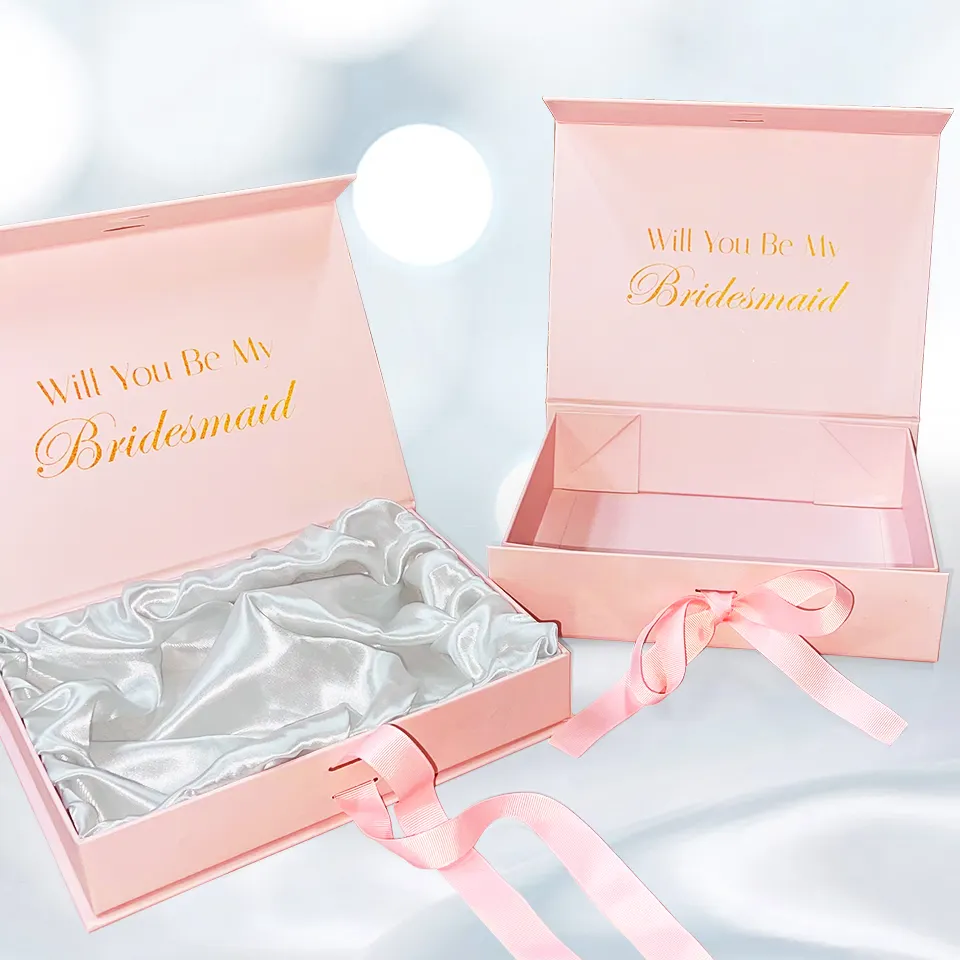 Boîte de mariage à rabat pliante magnétique de luxe avec logo personnalisé d'usine, collier élégant, bijoux, petite boîte d'emballage avec ruban